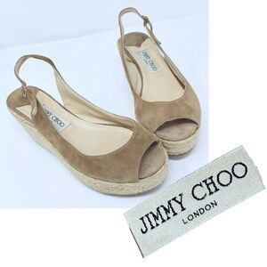 Jimmy Choo Taupe Suede Espadrille Wedge Sandals | Size 39 | Made in Italy
